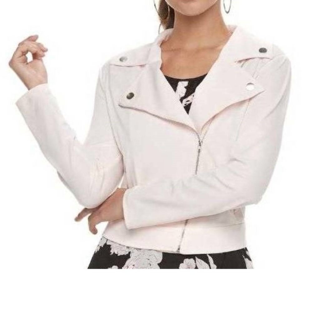 Candies Moto Jacket Jr M Pink Long Sleeve Crop Zip Up Studded Collar Teen Girls